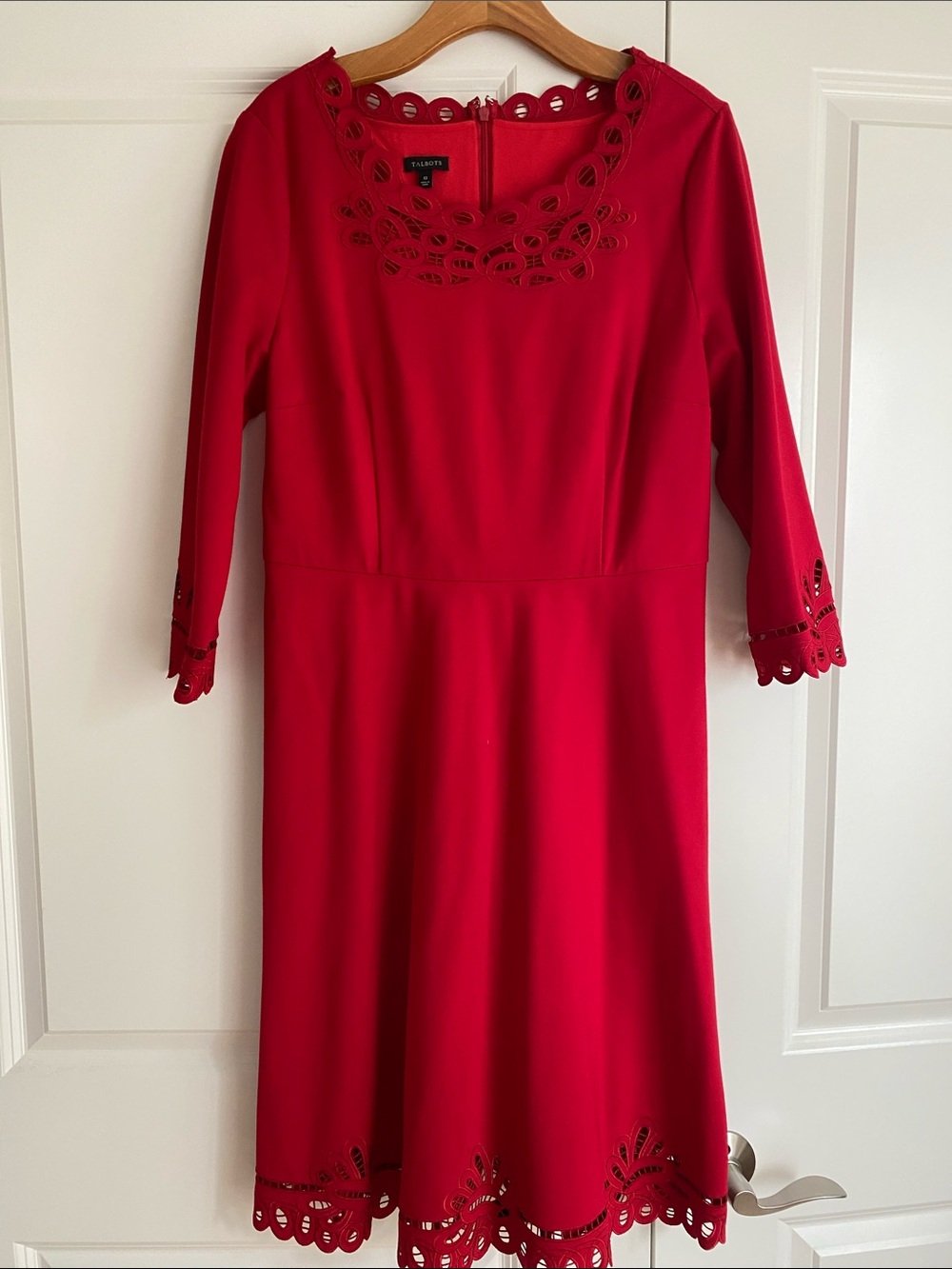 Talbots Red Midi Dress with Laser-Cut Scallop Details